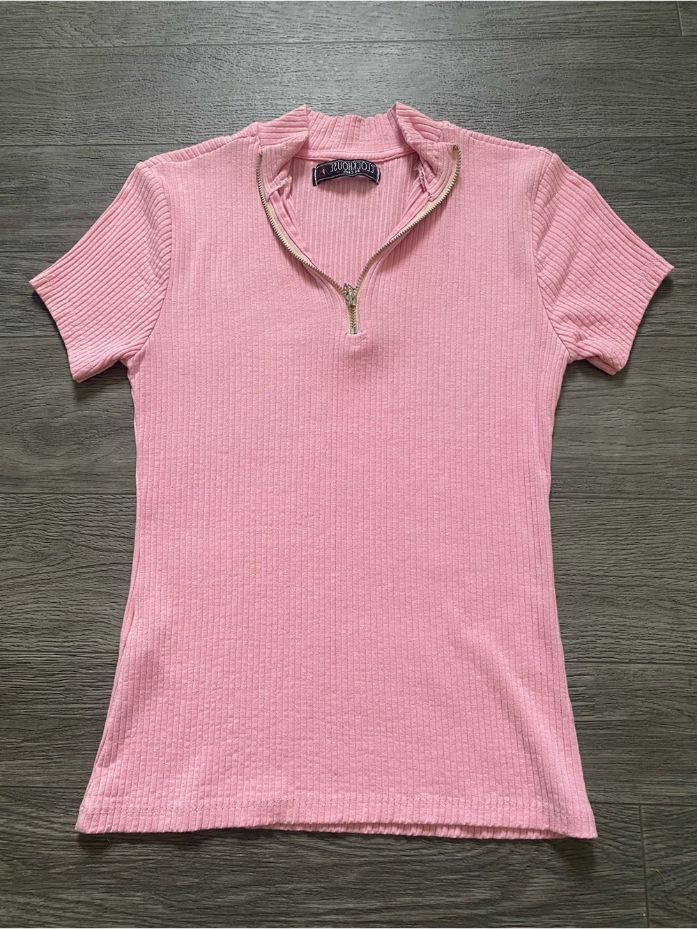Clockhouse Pink Ribbed Half-Zip Short Sleeve Top